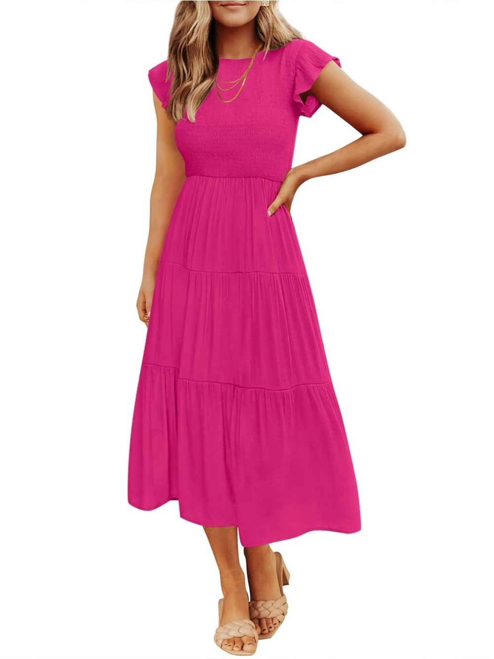 Zesica Fuchsia Pink Flutter-Sleeve Tiered Maxi Dress